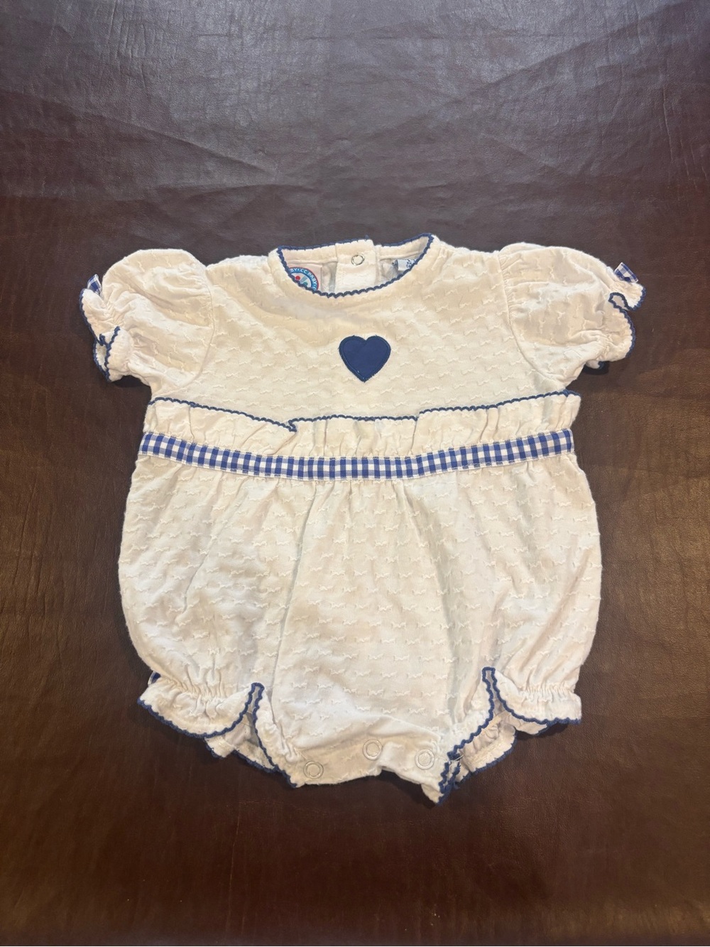 Vintage CC Baby White Bubble Romper with Blue Heart and Gingham Trim size 0-3 mo